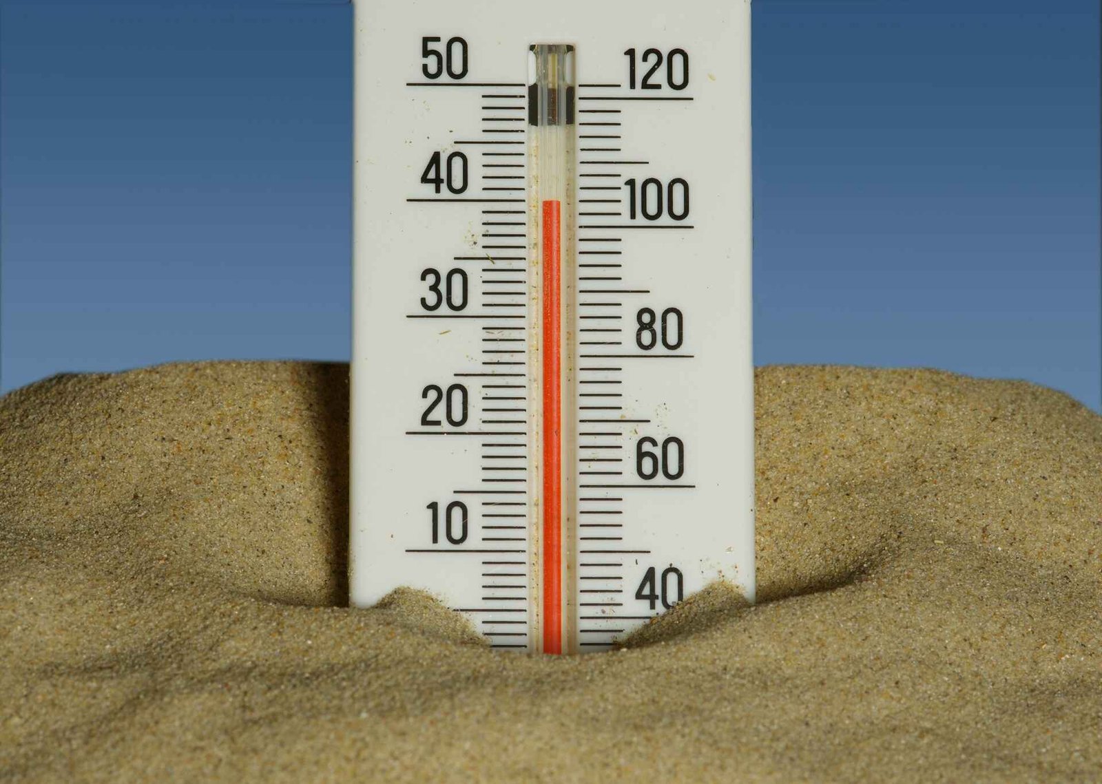 A thermometer sticking in sand showing a high temperature.