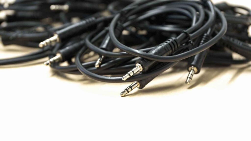 A lot of headphone plugs on top of each other.