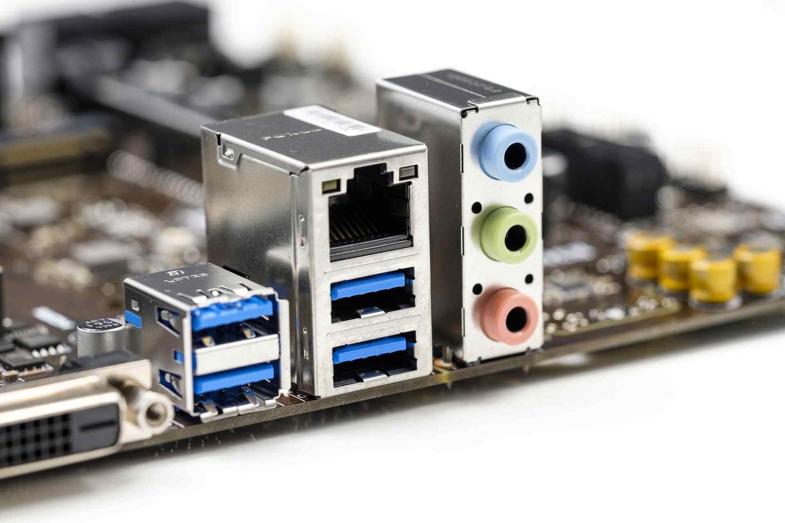 A side view of a motherboard with USB 3.0 connections.