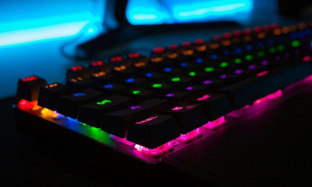 A sideways picture of a black rgb gaming keyboard.