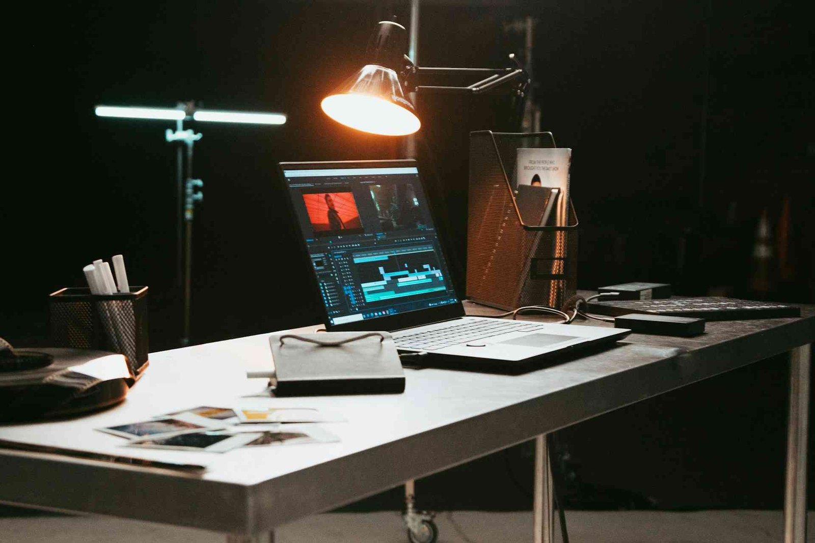 A desk lamp positioned directly over a laptop.
