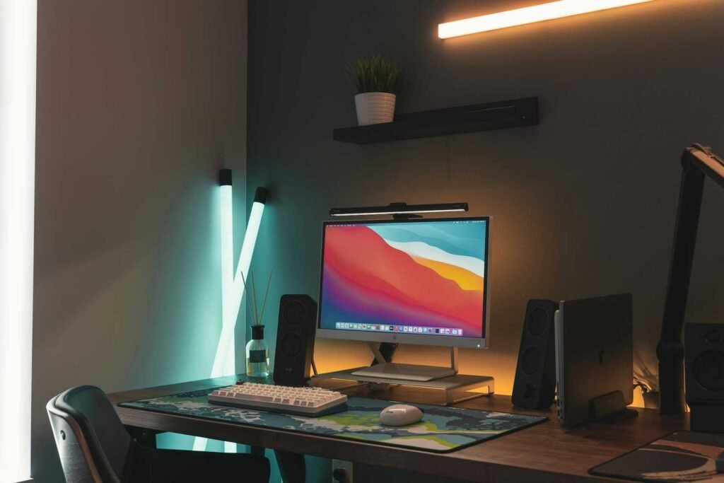 Cool and warm light pipes lighting a workspace.