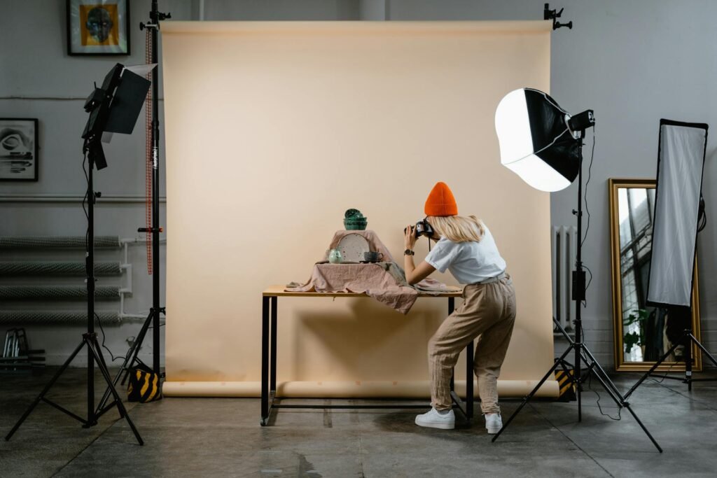 A professional product photo shoot with multiple softboxes.