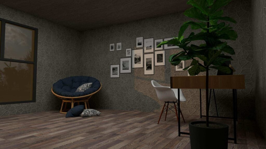 A stylish working room with minimalist decor and dark walls.
