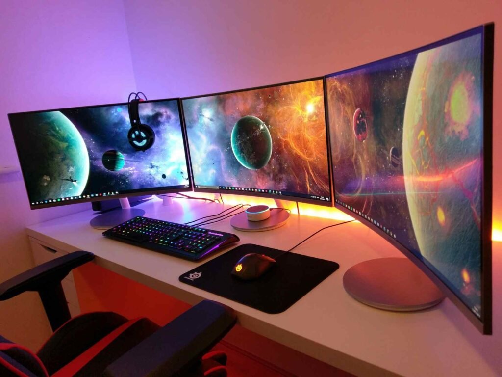 A 3 monitor setup with colorful backlight.