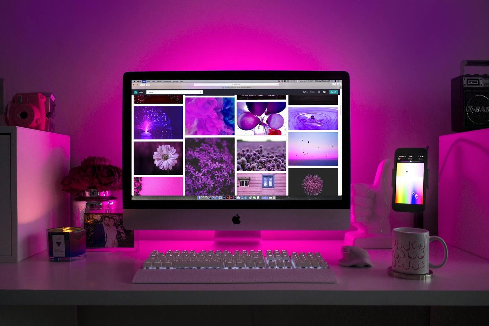 A monitor with an image search for pink objects and a fitting pink backlight.