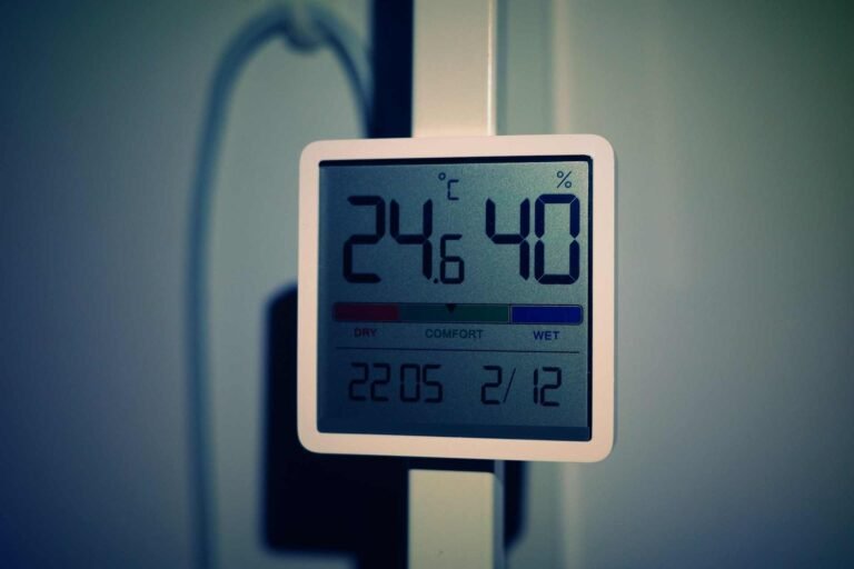 A digital thermometer showing a warm room temperature and 40% humidity.