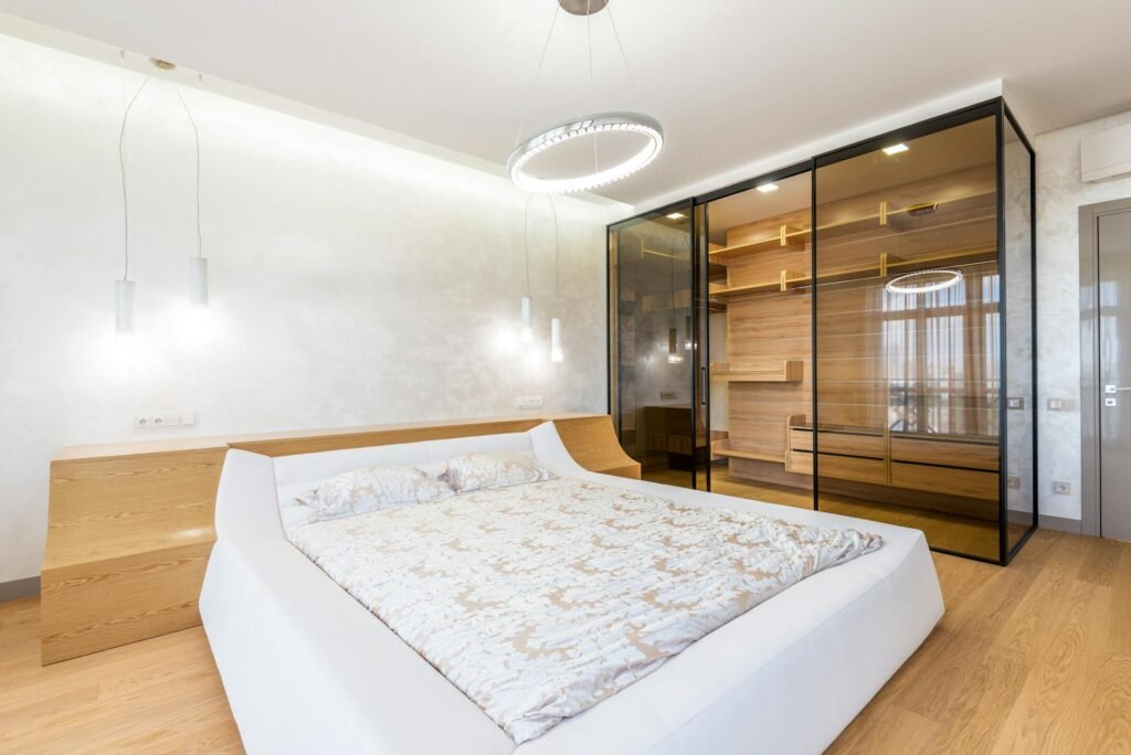 A very bright lit bedroom.
