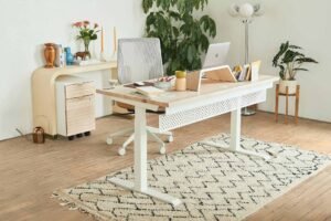 A white desk with a laptop and laptop stand on a white carpet with a chair in front it in the center of the room.