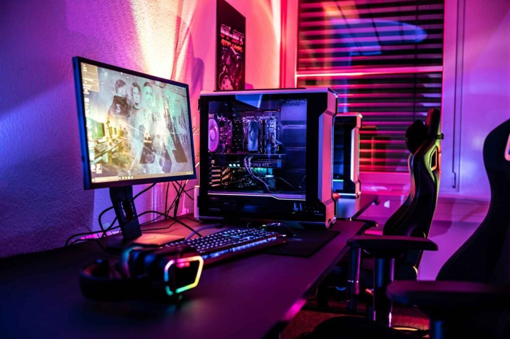 A gaming desk setup with one monitor and the pc on the desk.