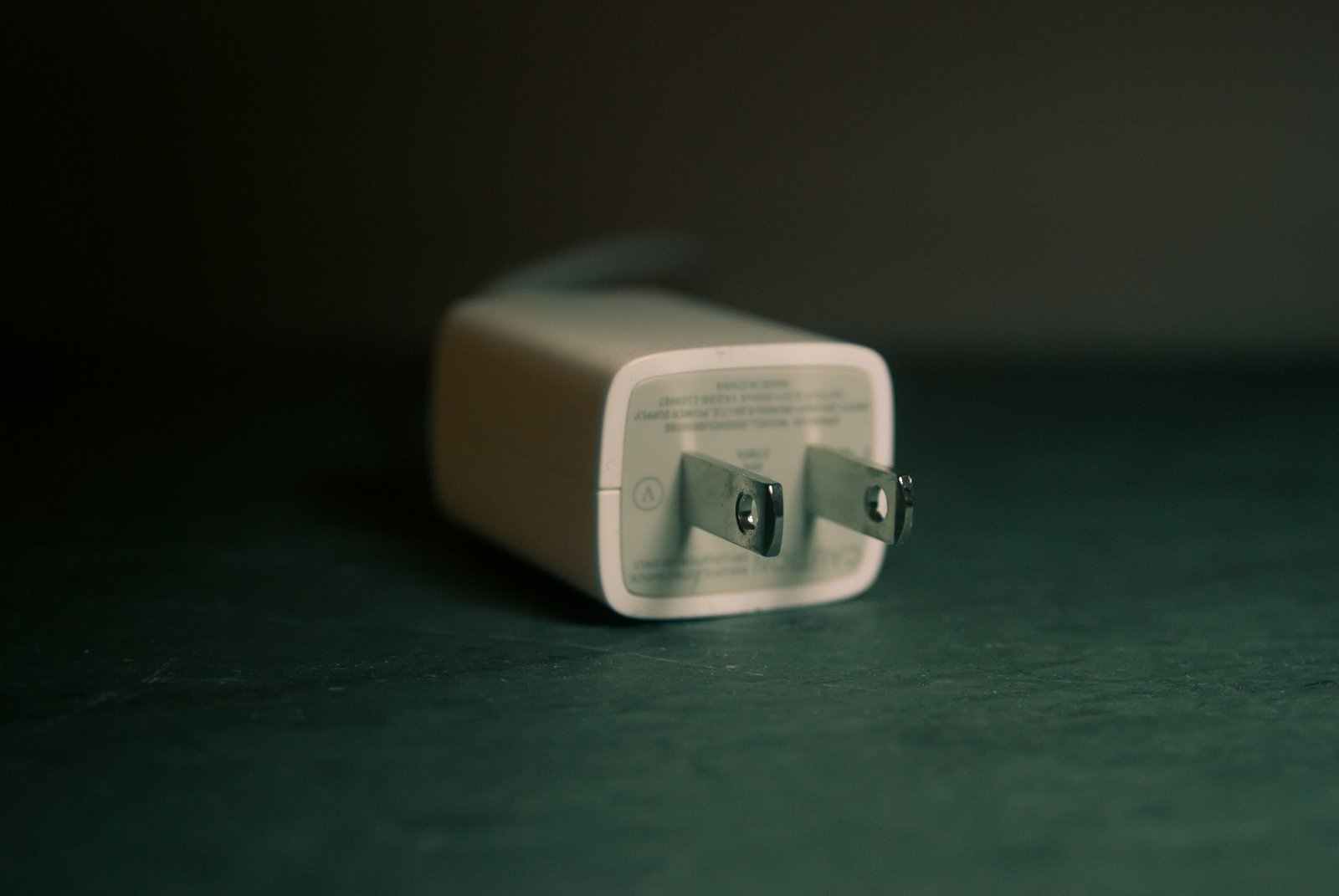 A white american plug lying on a green surface.